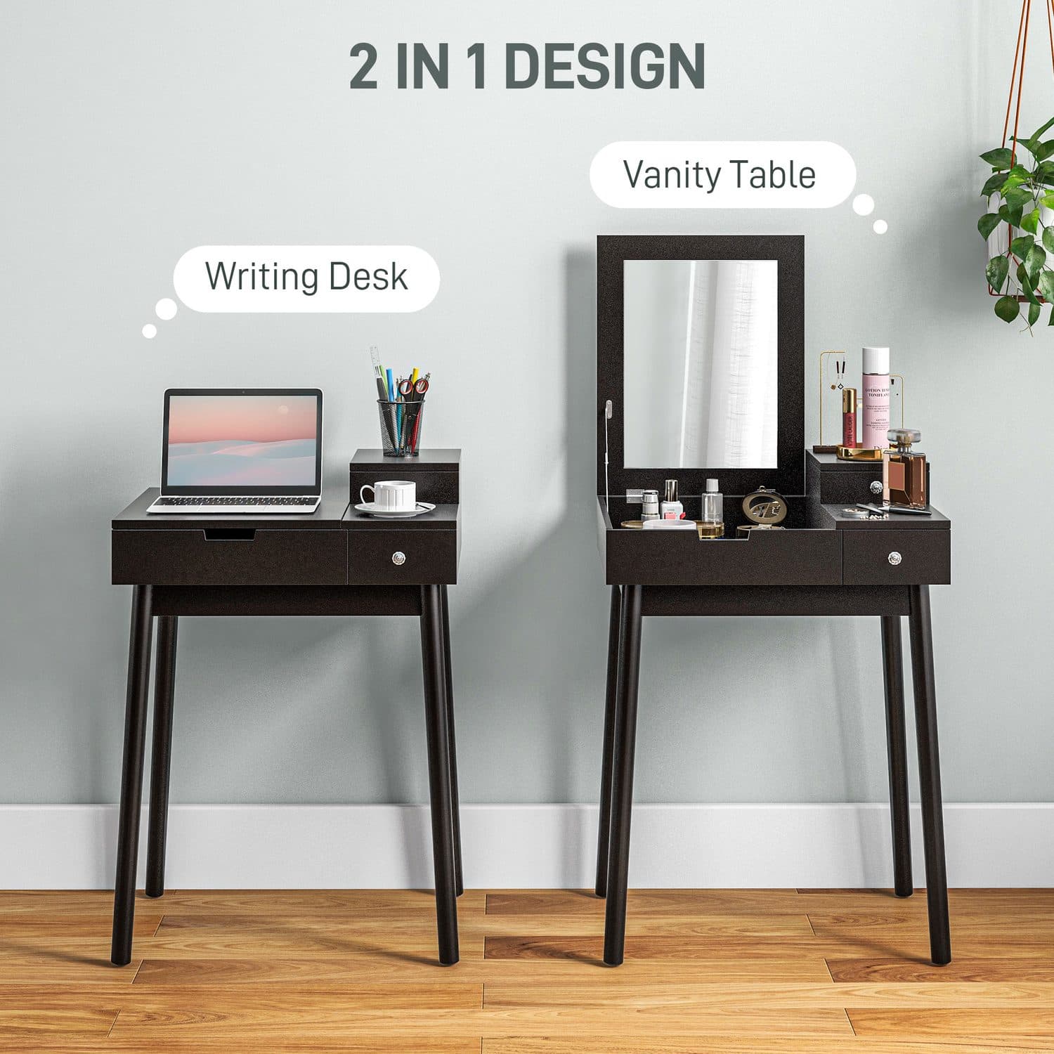 Compact Black Vanity Desk with Flip-Up Mirror and Drawers - image 1