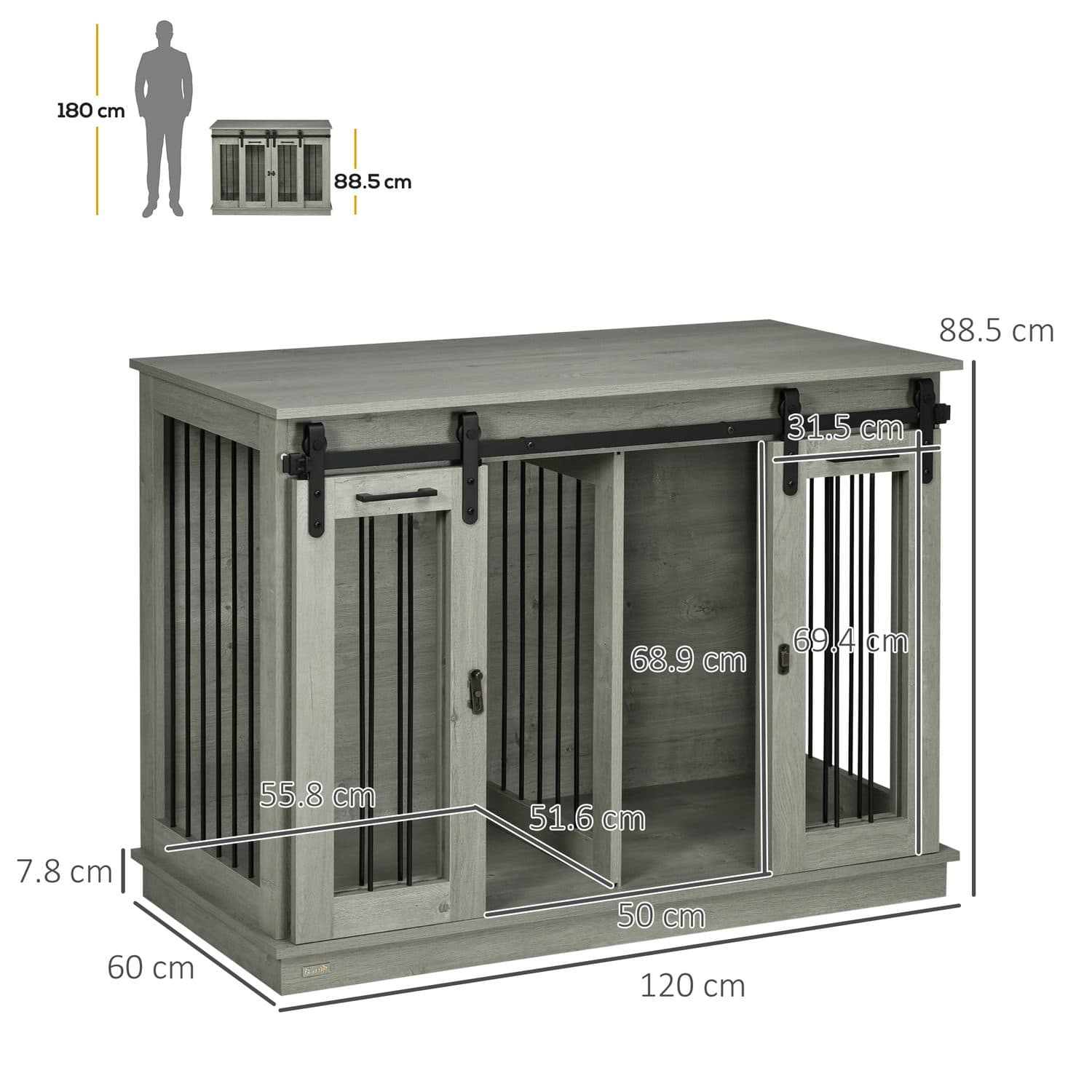 Double Dog Crate Furniture in Farmhouse Barn-Door Style, Grey - image 1