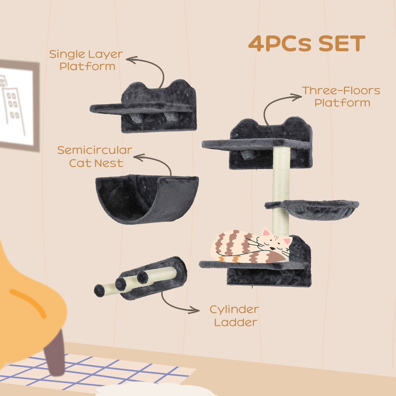 PawHut 4-Piece Wall-Mounted Cat Shelves, Dark Grey - image 2