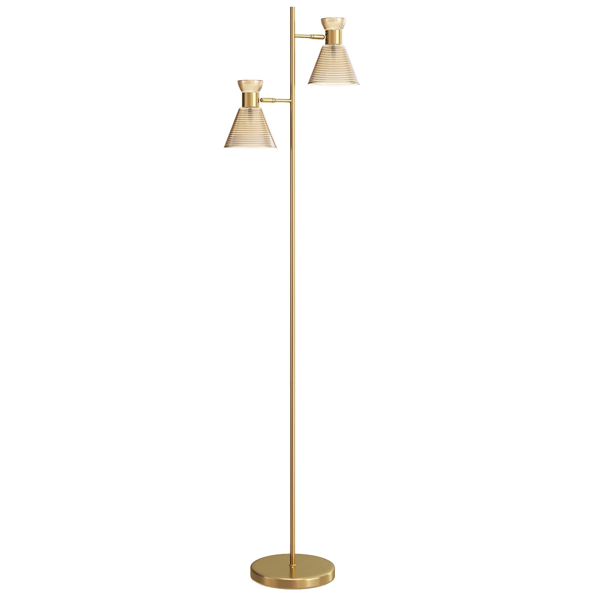 Gold dual head floor lamp with warm glass shades - Gold Tone