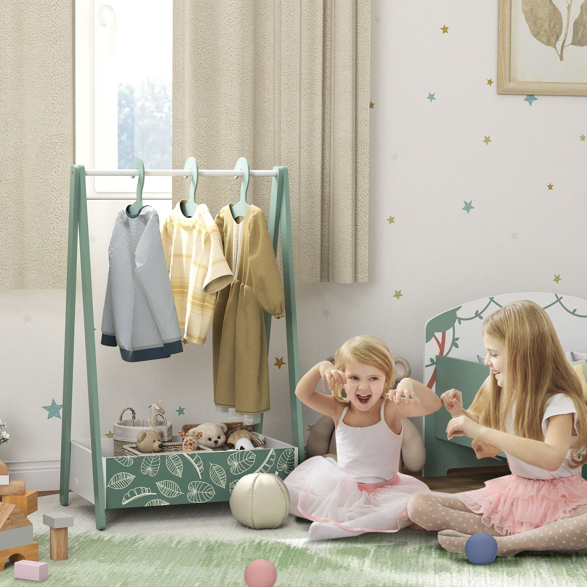 A children's clothing rack with leaf print storage box and hangers - image 3