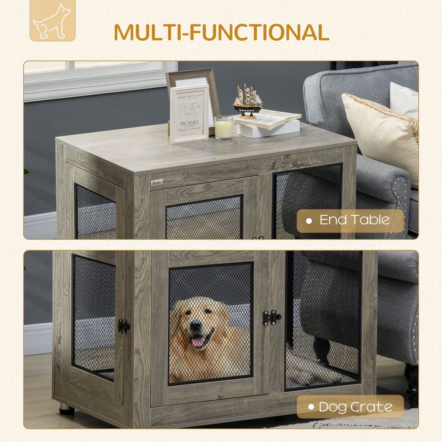 Dog Cage and Side Table in One, Double Door, Grey Wood Finish - image 3