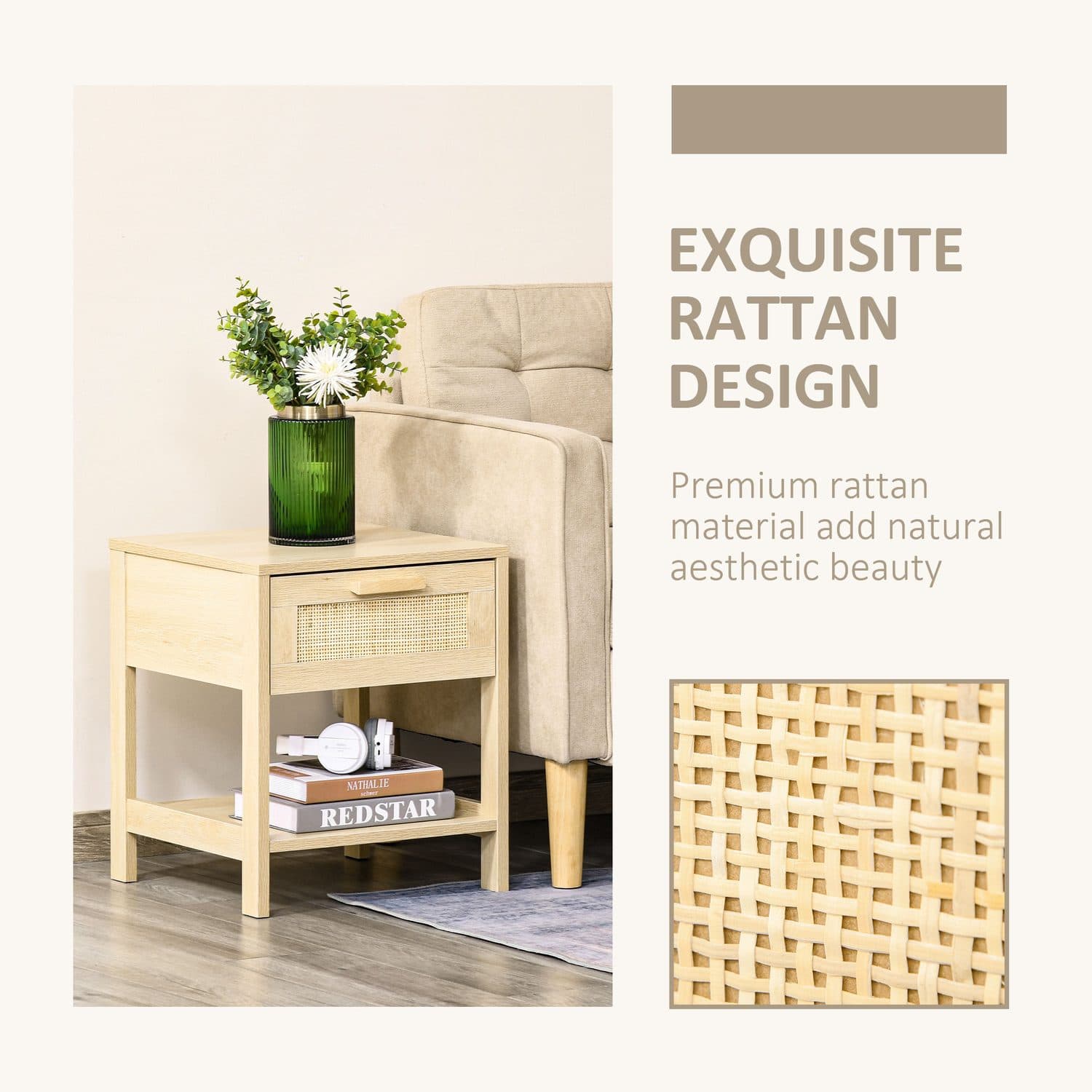 Natural Oak Rattan Drawer Bedside Tables (Set of 2) - image 2