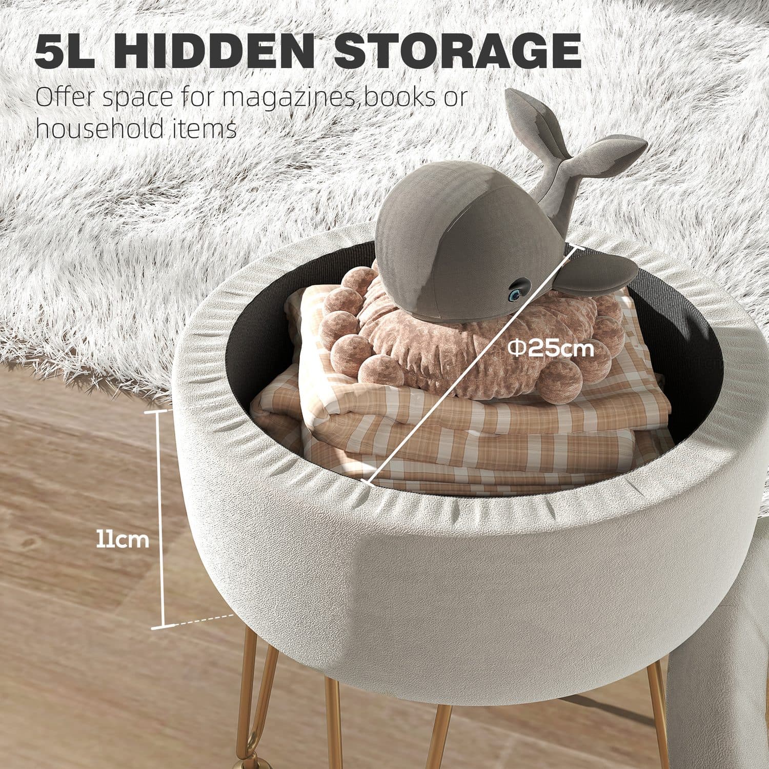 Cream white storage ottoman with hidden 5L space - image 3