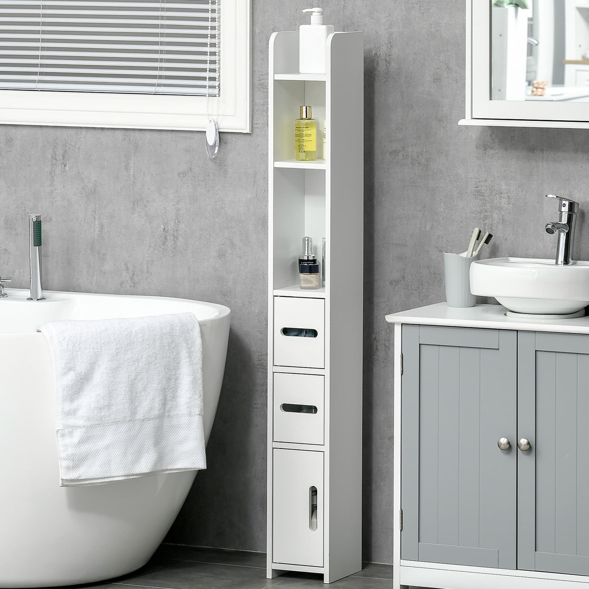 Freestanding Tall Slim White Bathroom Cabinet with Shelves and Drawers - image 4