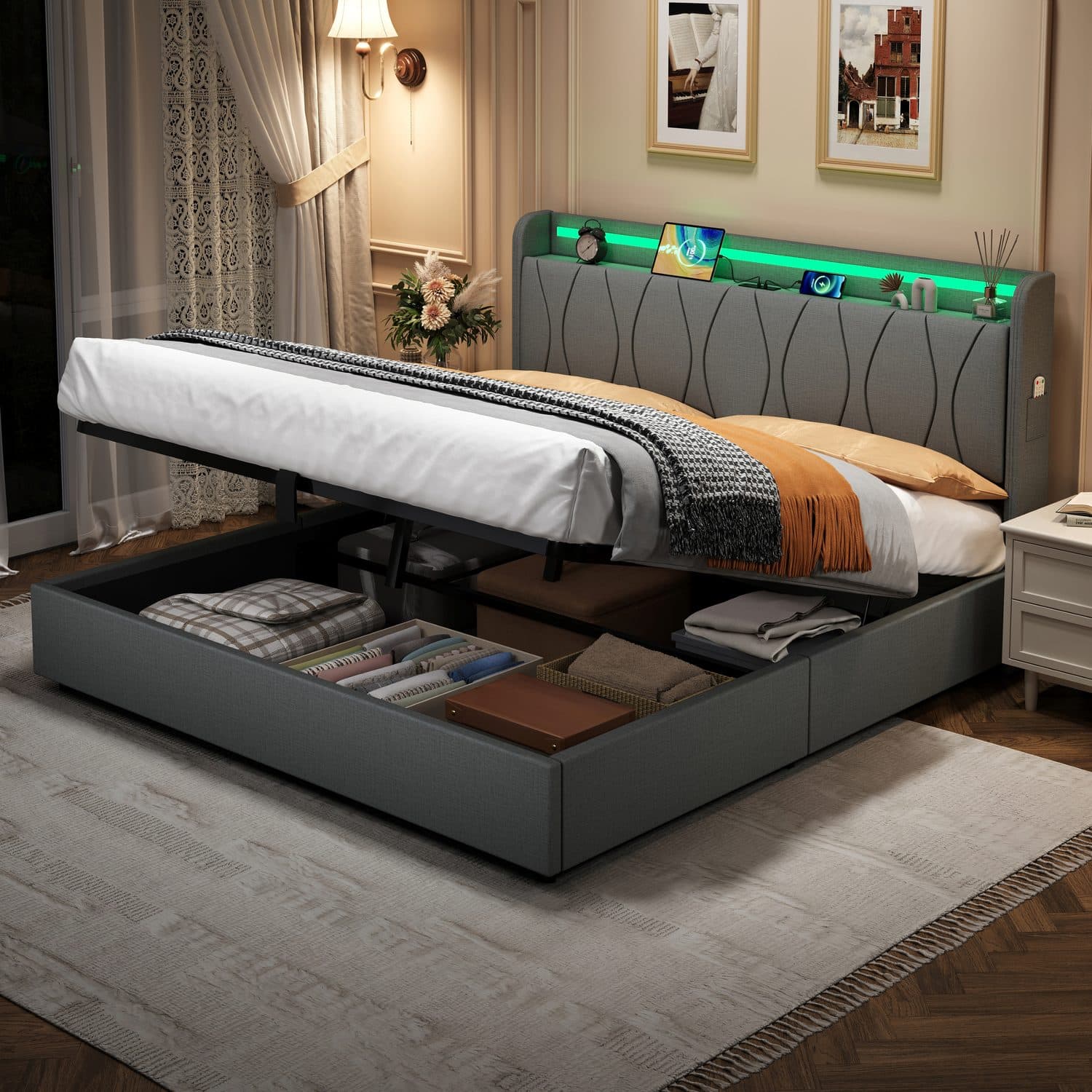 Grey Linen LED Ottoman Bed - image 4