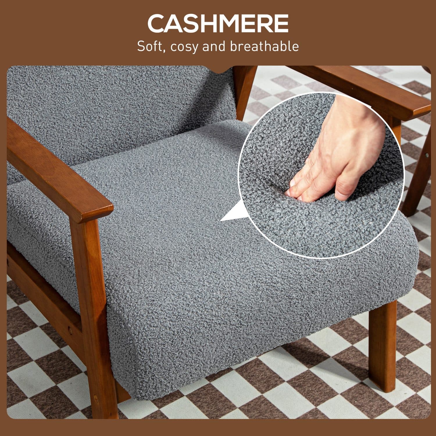 Grey Boucle Accent Chair with Solid Wooden Frame - image 1