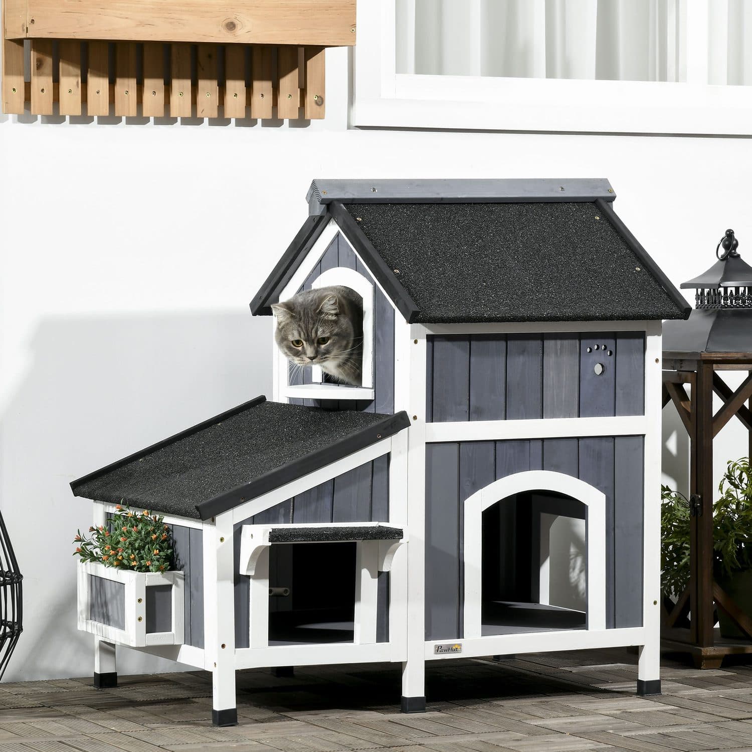 PawHut Wooden Cat House with Flower Pot and Windows, Grey - image 2