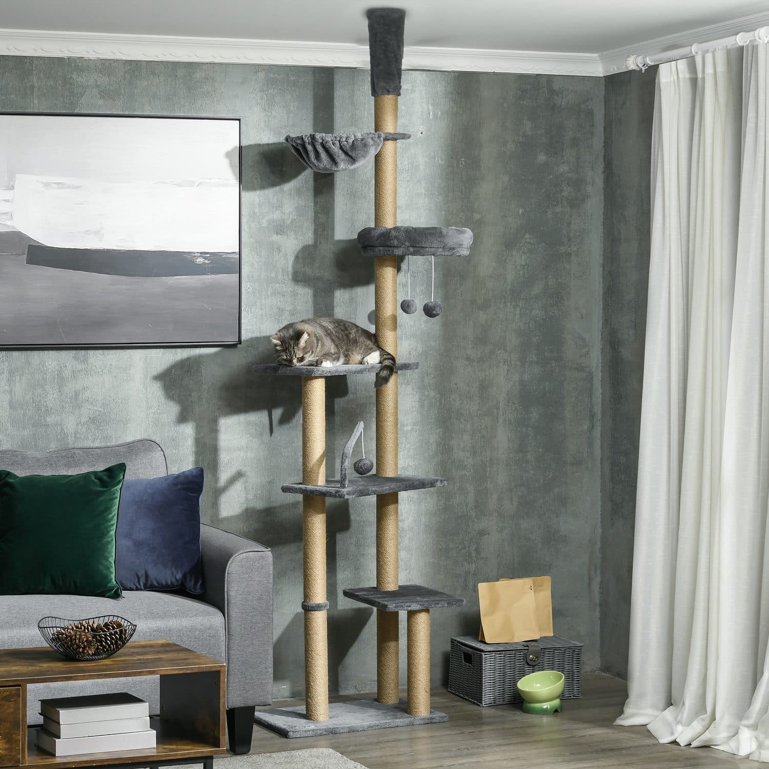 Tall Floor-to-Ceiling Cat Tree With Sisal Posts, Hammock and Toys - image 4