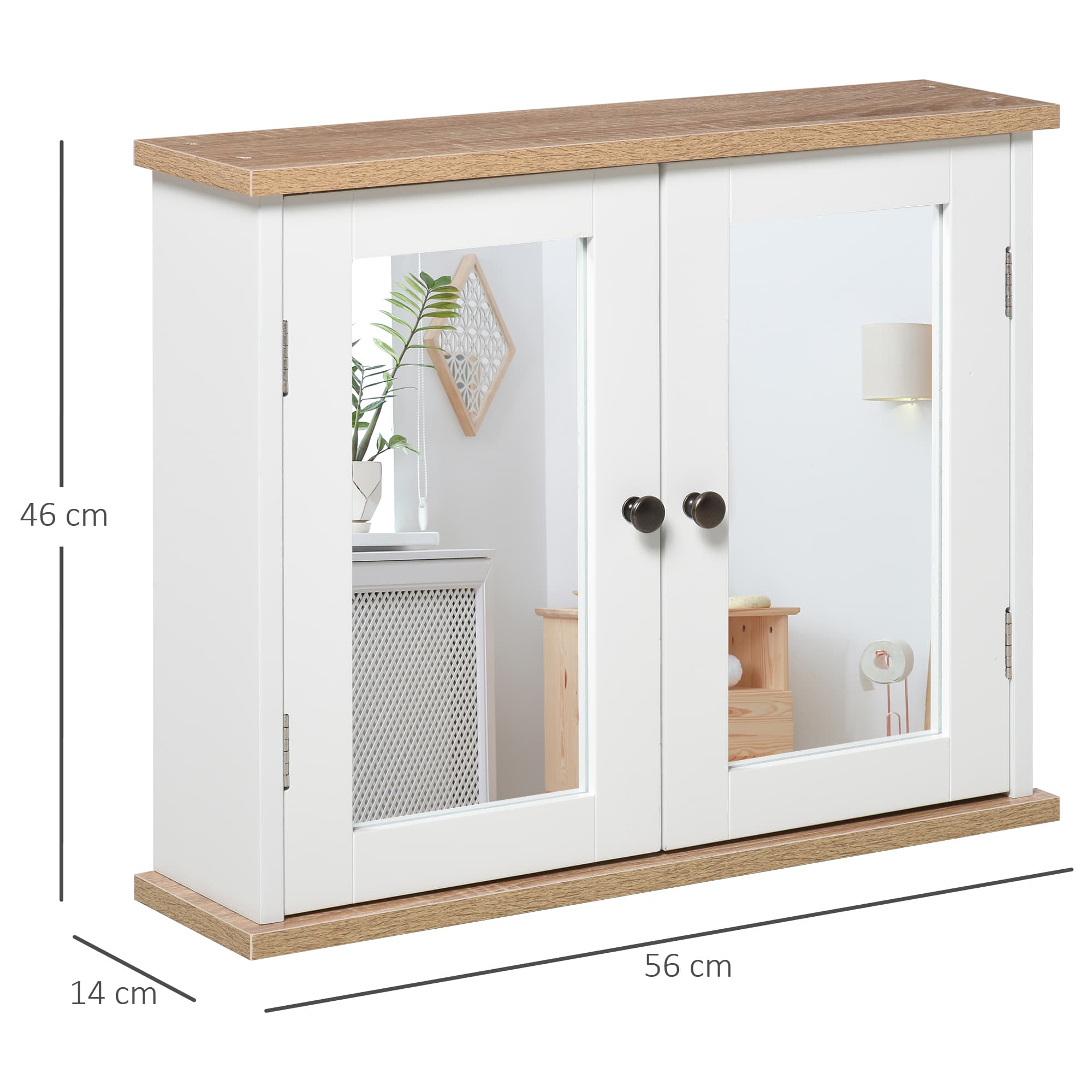 Wall-Mounted Bathroom Cabinet with Double Mirrored Doors — White and Oak Trim - image 4