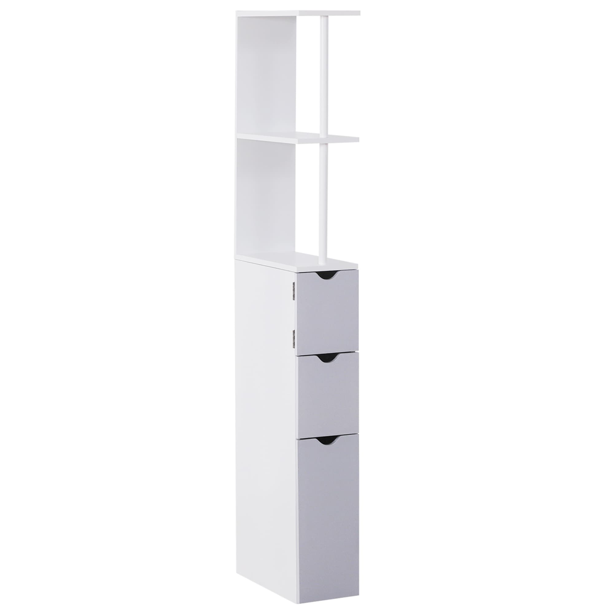 Narrow Bathroom Storage Tower with Open Shelves and Drawers - White Grey