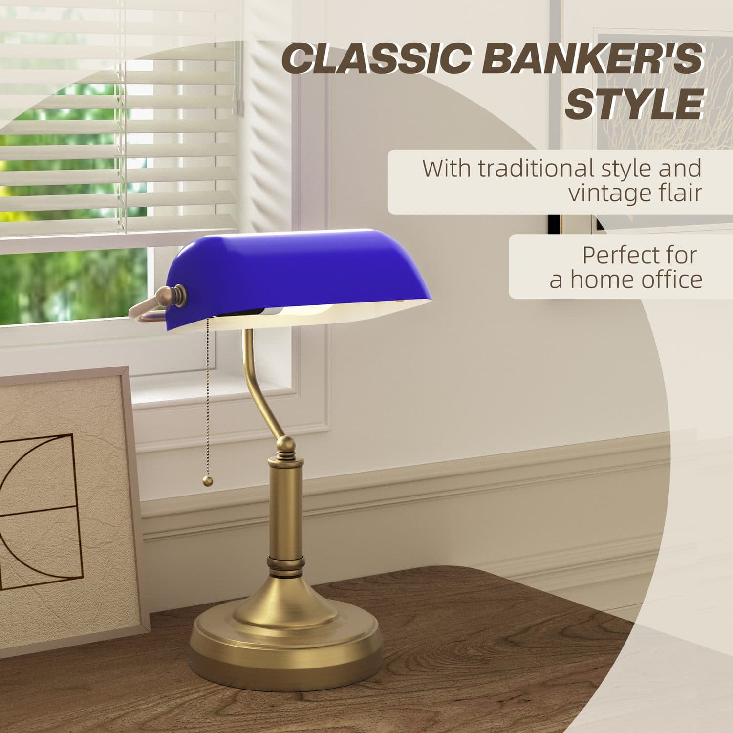 Banker's Desk Lamp — Blue Glass Shade, Pull-Chain Switch - image 5