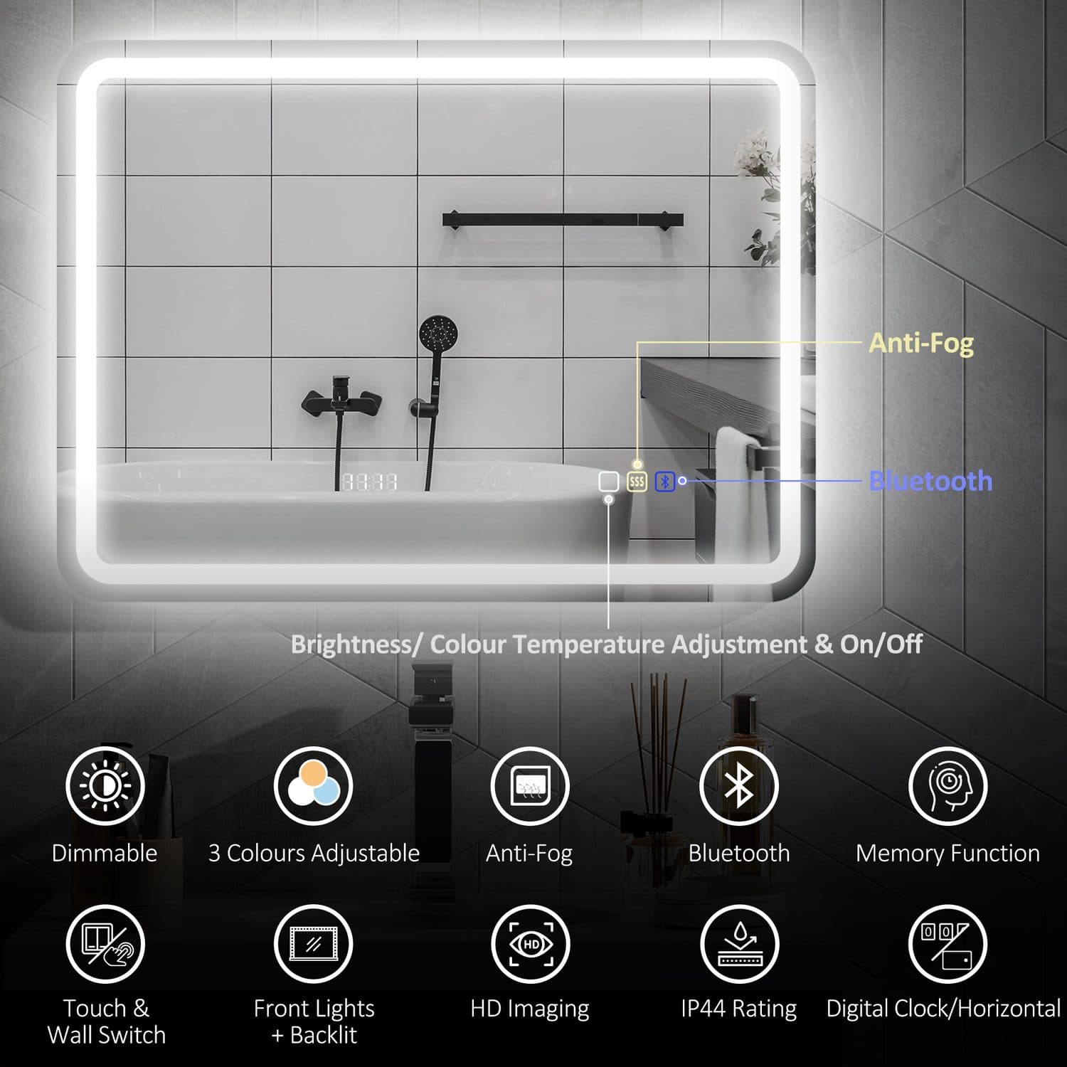 80x60cm Bluetooth LED Bathroom Mirror - image 3