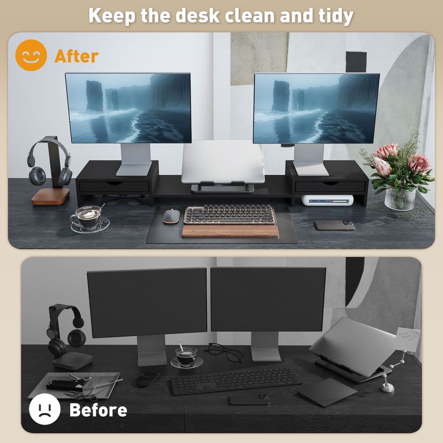 Adjustable black dual monitor riser with storage - image 5