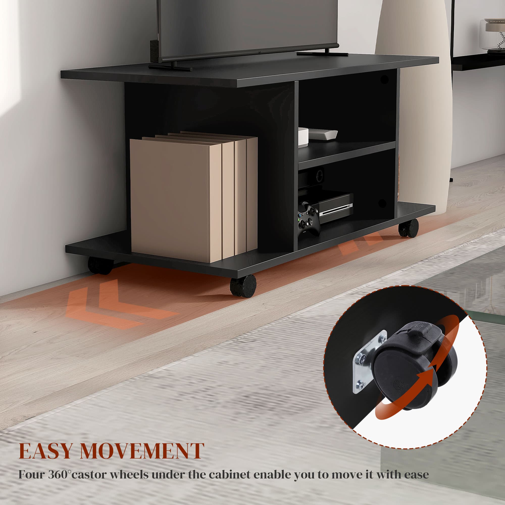 Mobile TV Stand with Open Storage Shelves and Braked Wheels - image 4