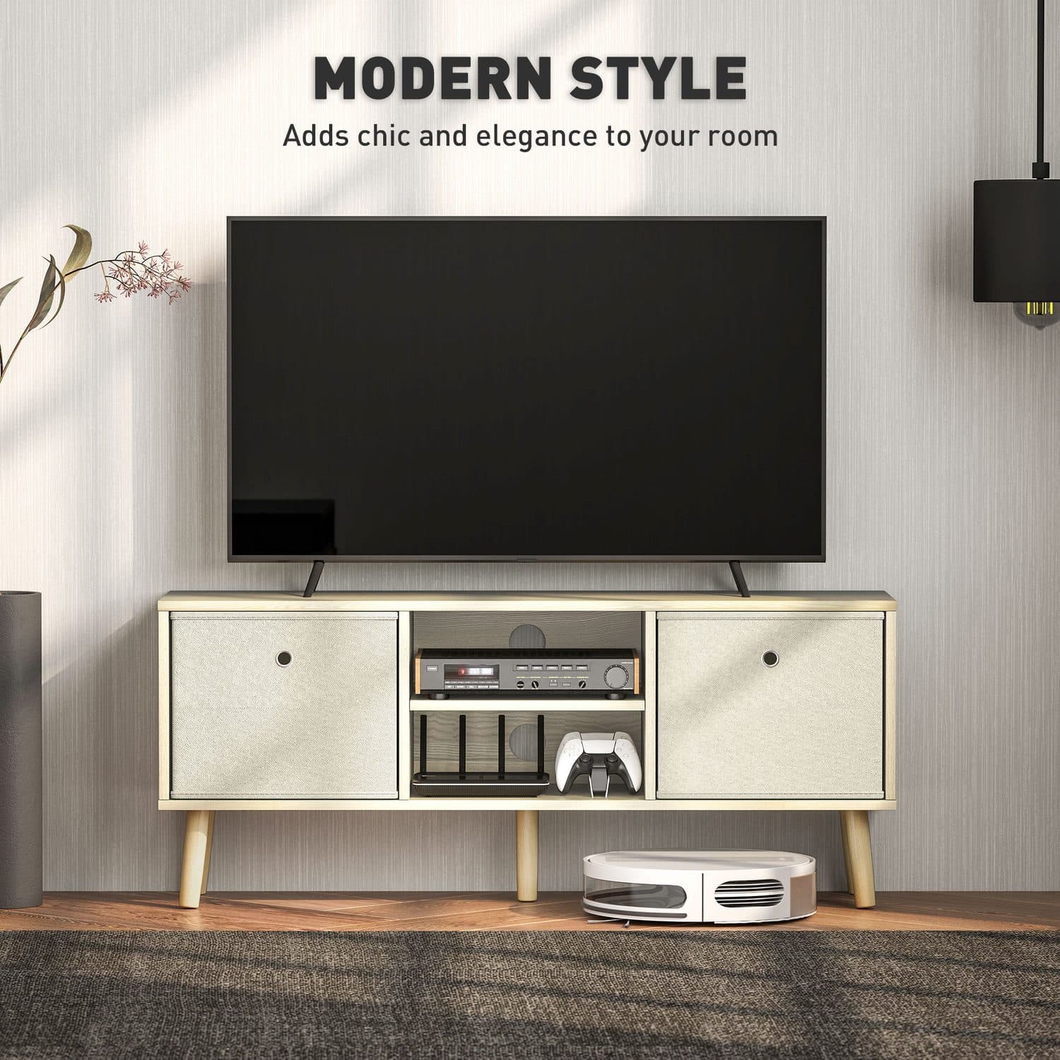 Mid-Century TV Unit with Fabric Storage, Natural Oak - image 5