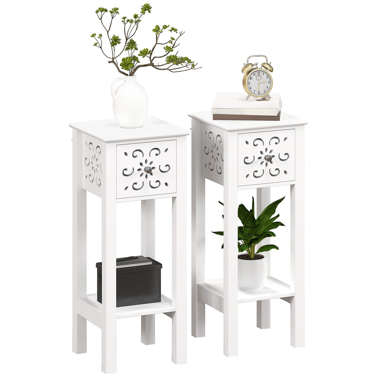 White Floral Side Tables with Drawer Storage - White