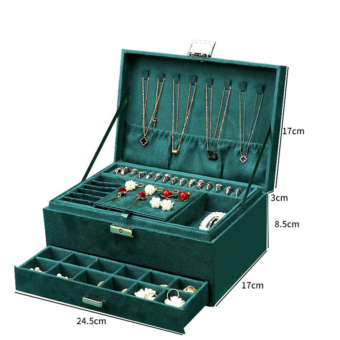 Large Green Velvet Jewellery Box With Necklace Hooks - image 6