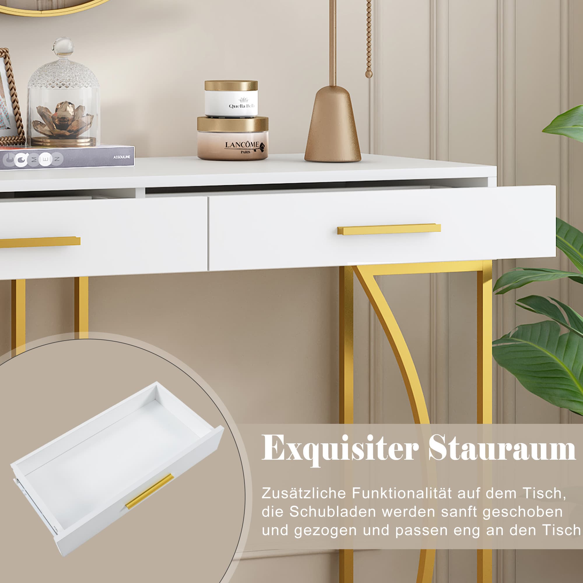 Stylish White & Gold Hallway Table with 2 Storage Drawers - image 4