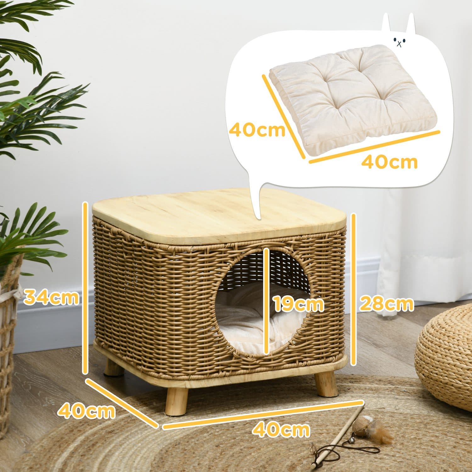 PawHut Elevated Wicker Cat House, Light Brown - image 5