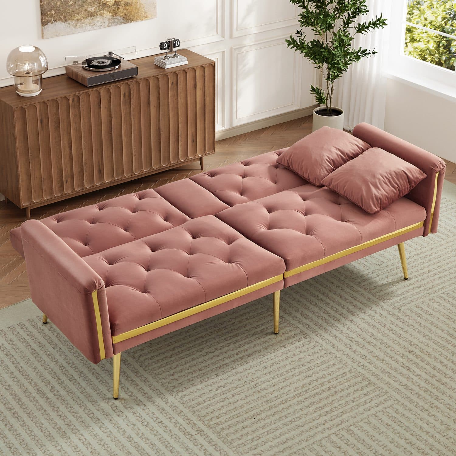 Pink Velvet 2 Seater Sofa Bed - image 3