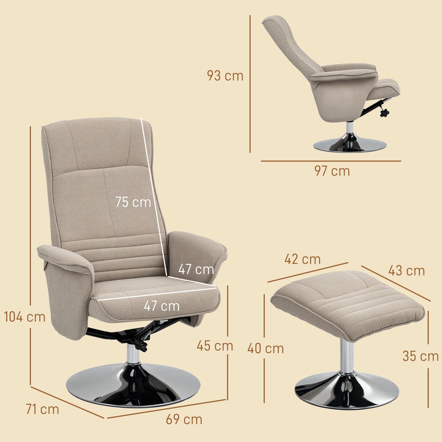 Reclining Swivel Chair and Matching Footstool in Stone Beige - image 1