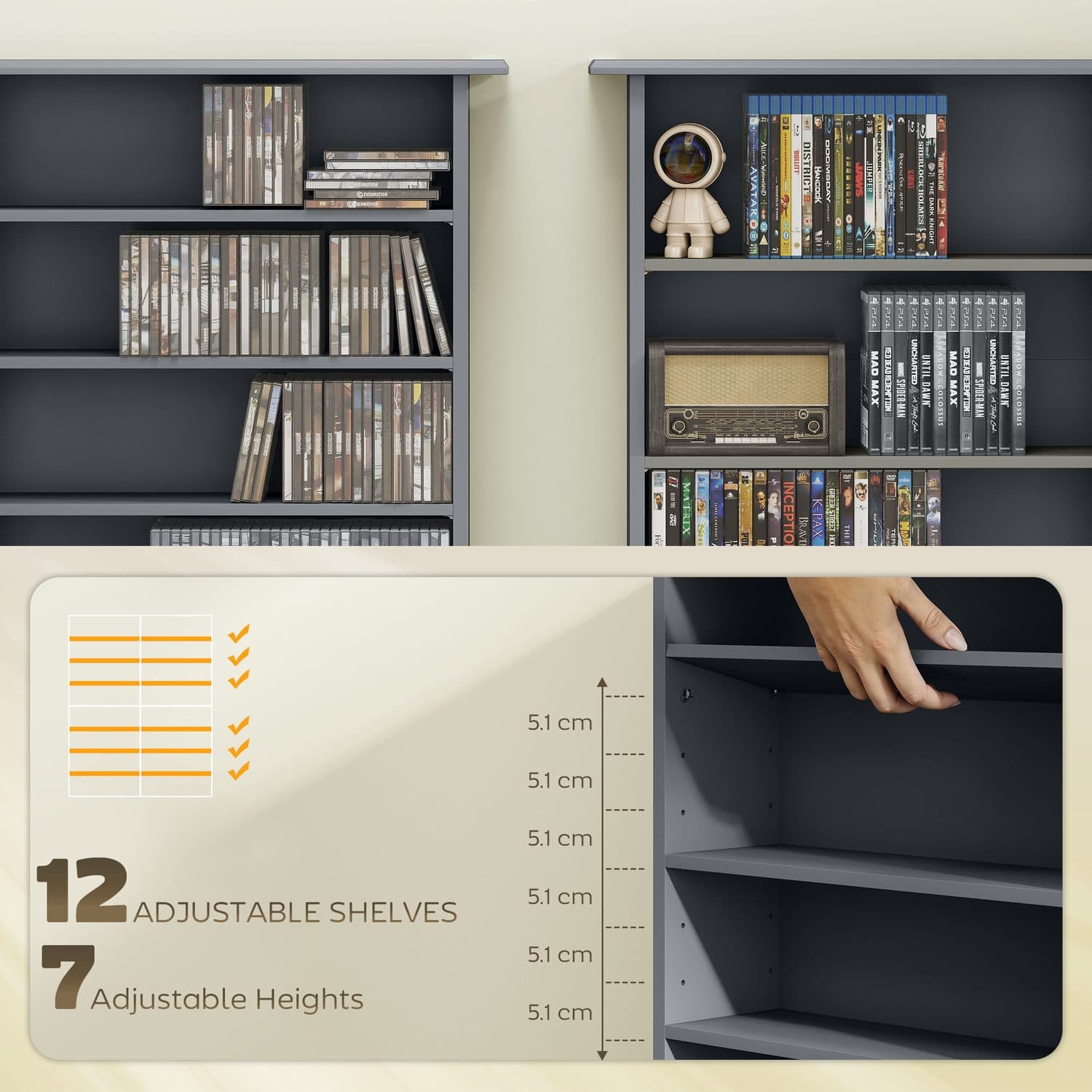 Tall Media Shelf with 16 Compartments for CDs, DVDs and Blu-rays - image 3