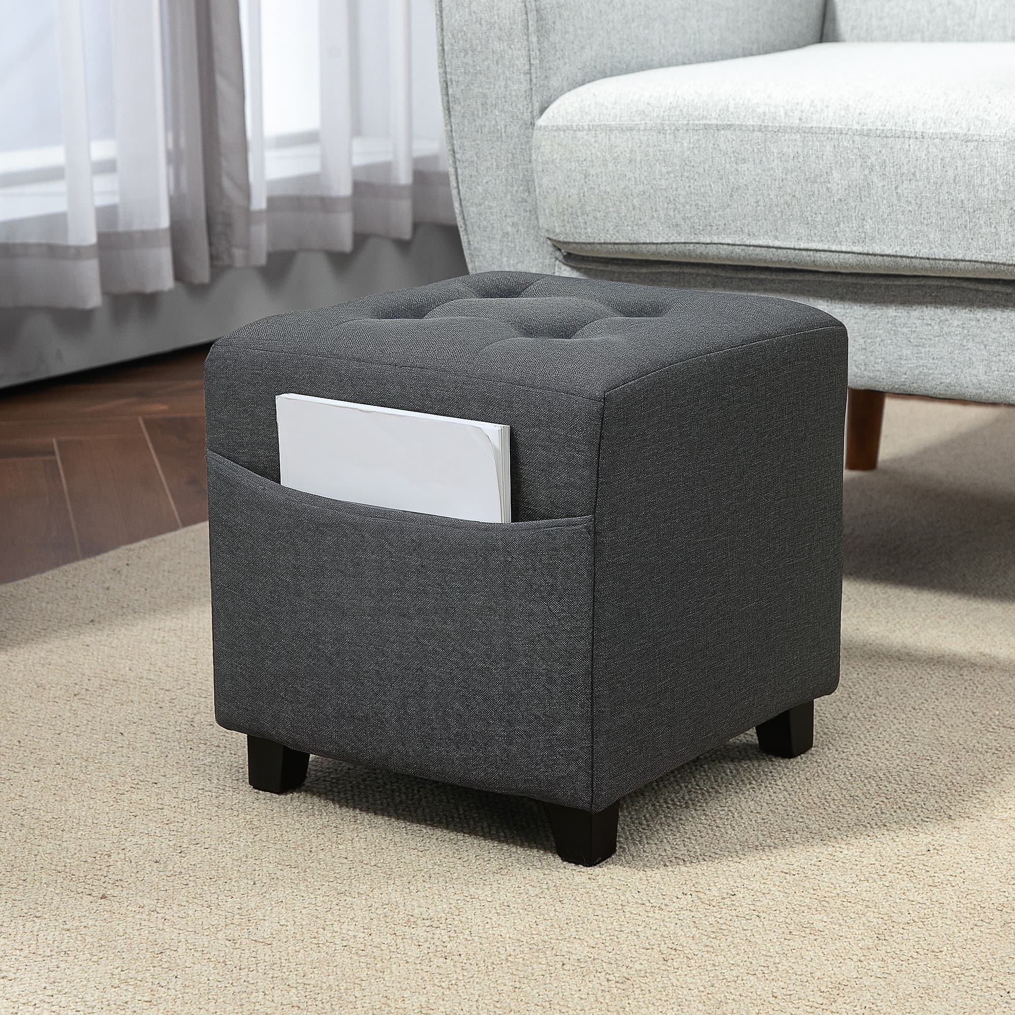 Compact Grey Tufted Ottoman with Wooden Legs - image 2
