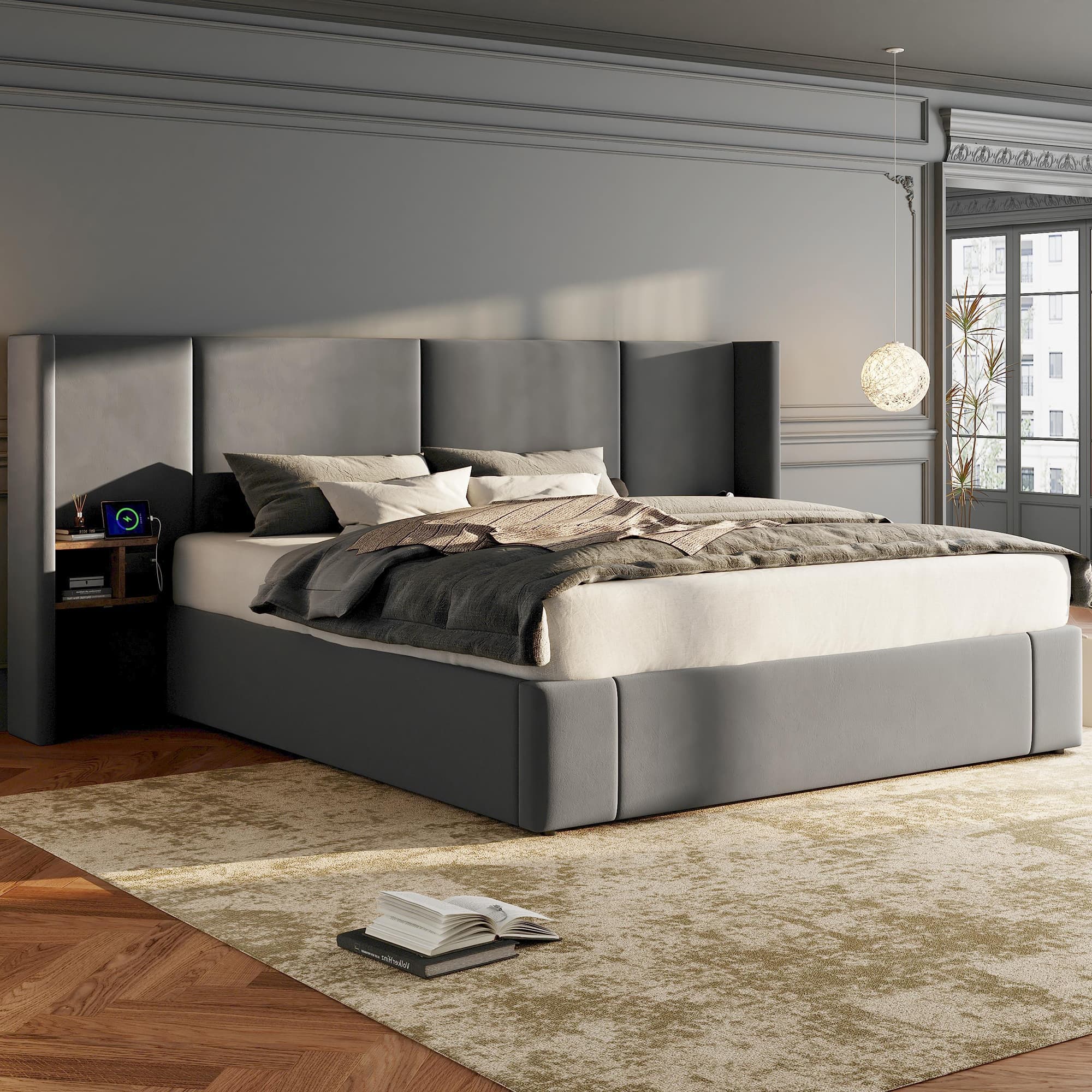 Upholstered King Size Ottoman Bed in Grey Velvet with USB Ports & Sockets