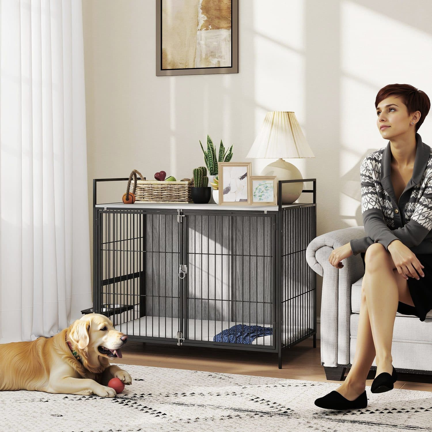 Large Dog Crate That Doubles as a Side Table with Built-In Bowl Stand - image 1