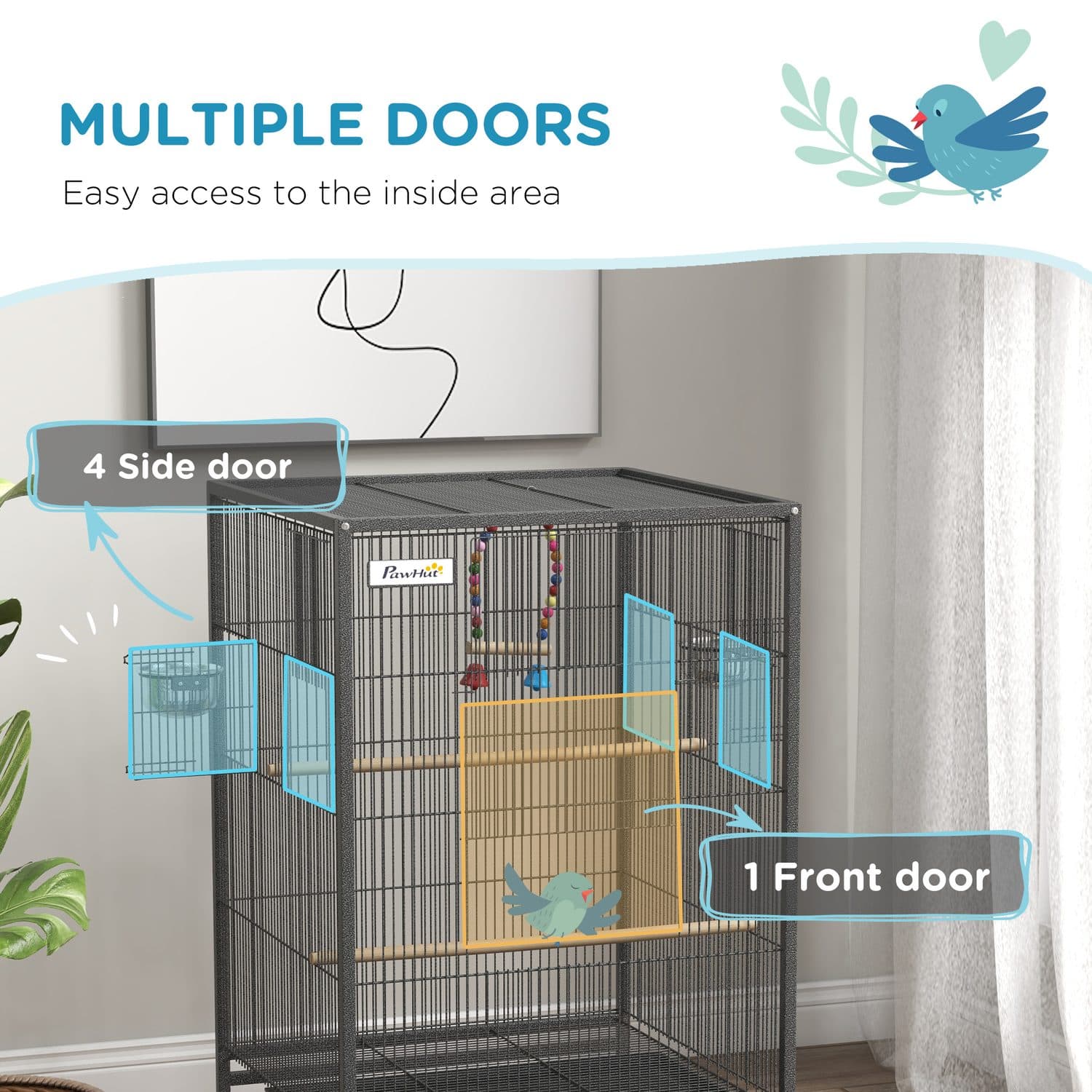 PawHut Spacious Bird Cage with Rolling Stand and Perches - image 2