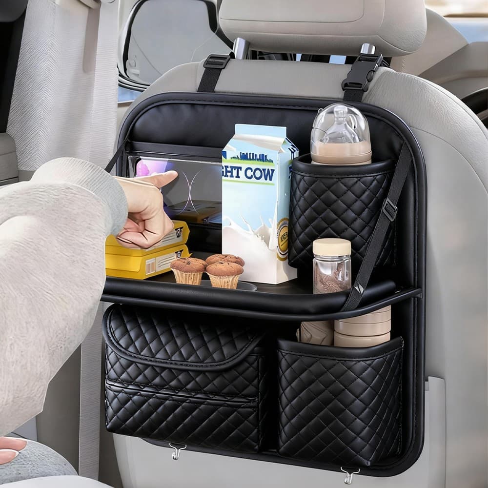 Black leather car back seat organiser with folding tray