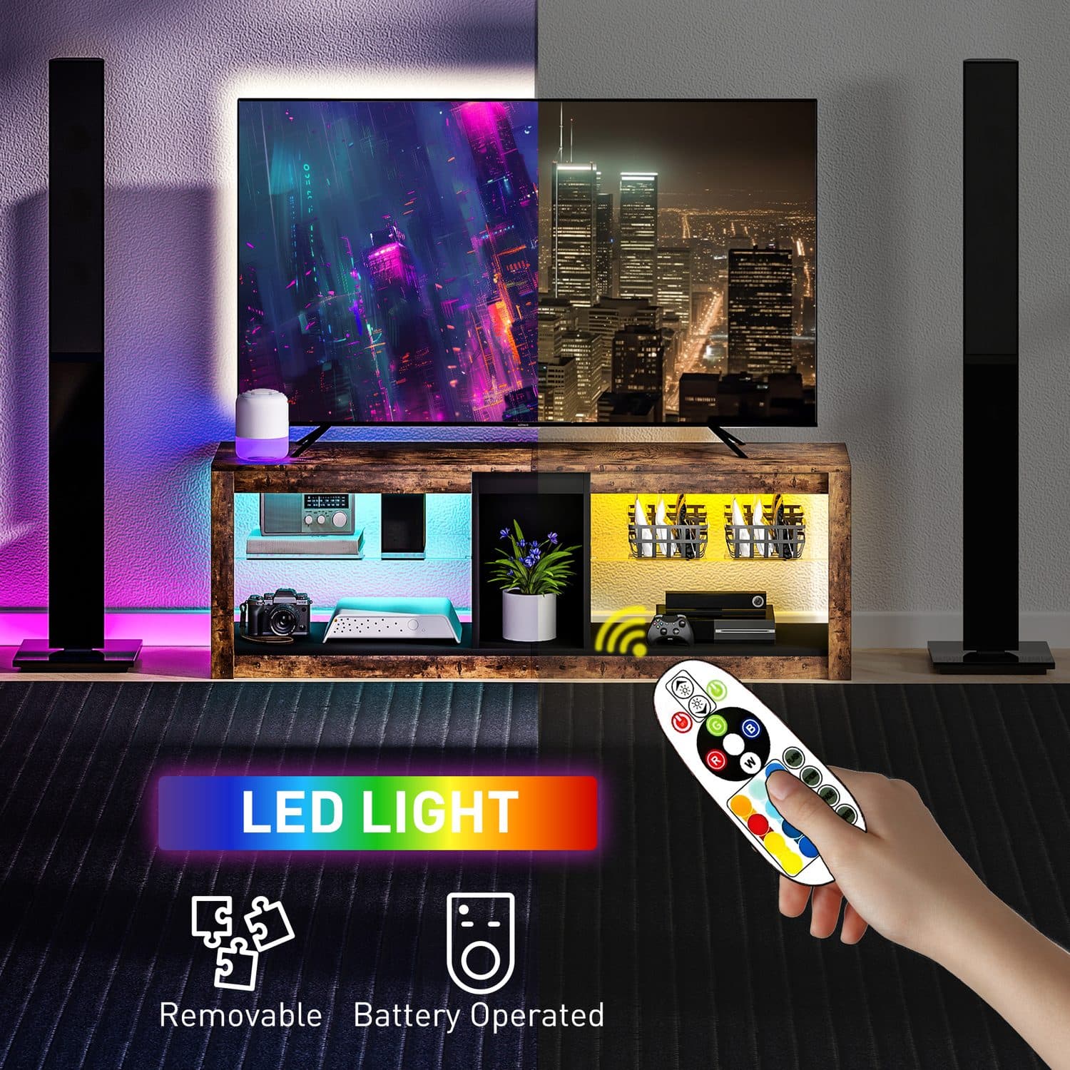Rustic TV Cabinet with LED Lights and Open Shelving - image 5