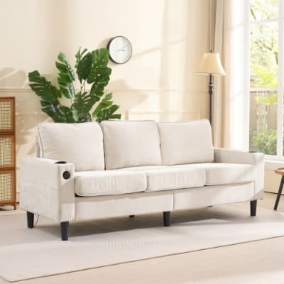 Beige L-Shaped Sofa with Built-In USB & Cup Holders - image 3
