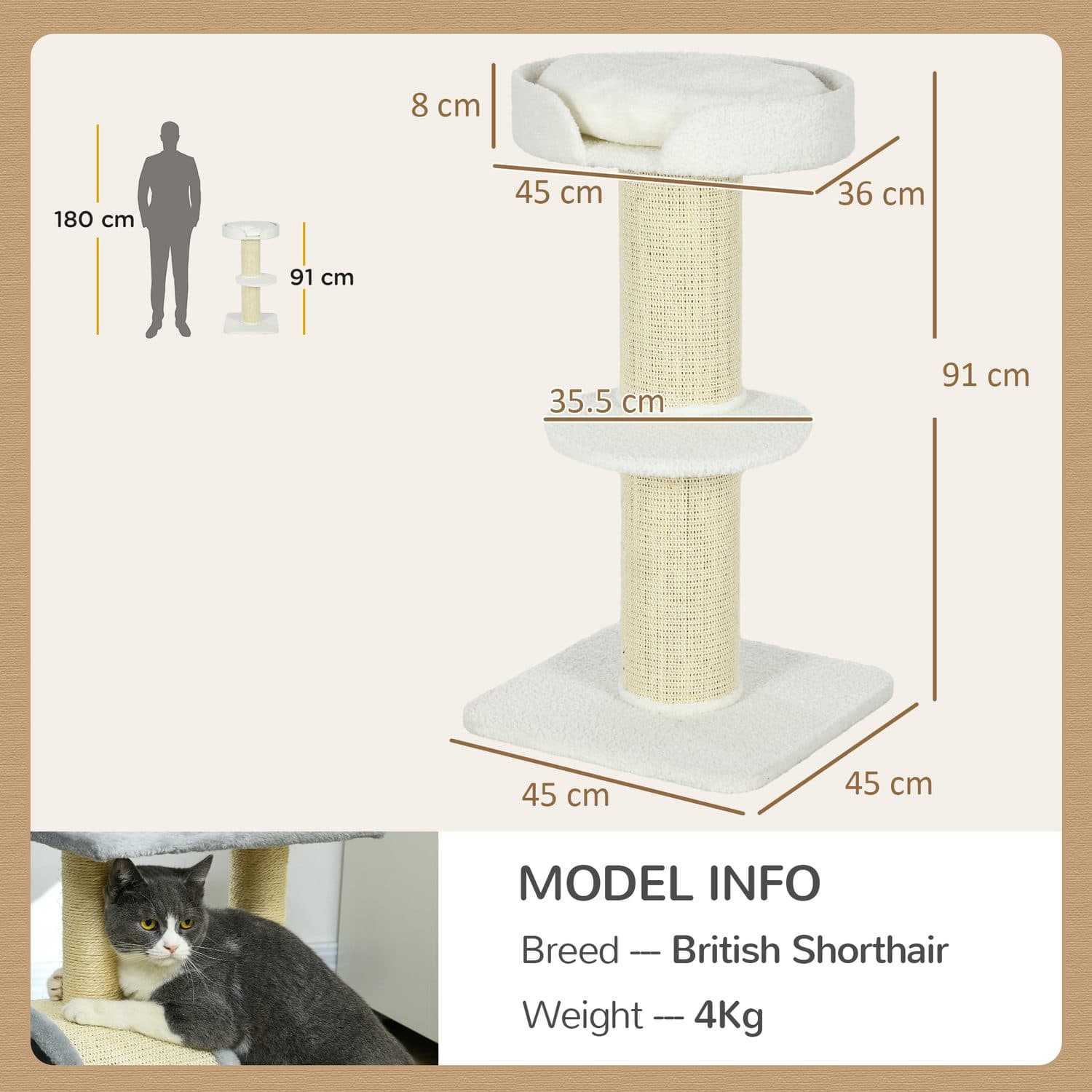 PawHut 2 Tier Sisal Cat Tree with Basket Cushion - image 4