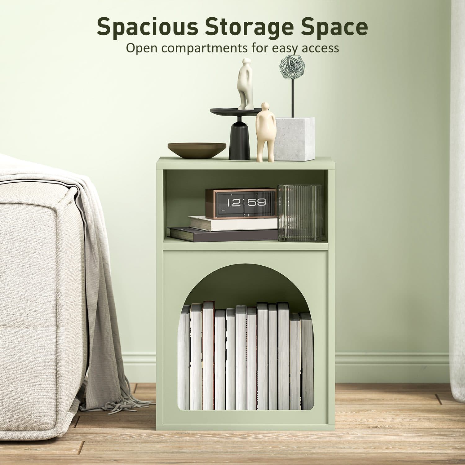 Sage Green Arch Bedside Table with Open Storage - image 4