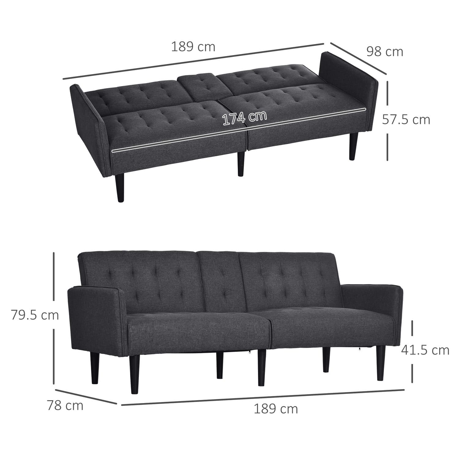 Dark Grey Three-Seater Sofa Bed with Reclining Back - image 2
