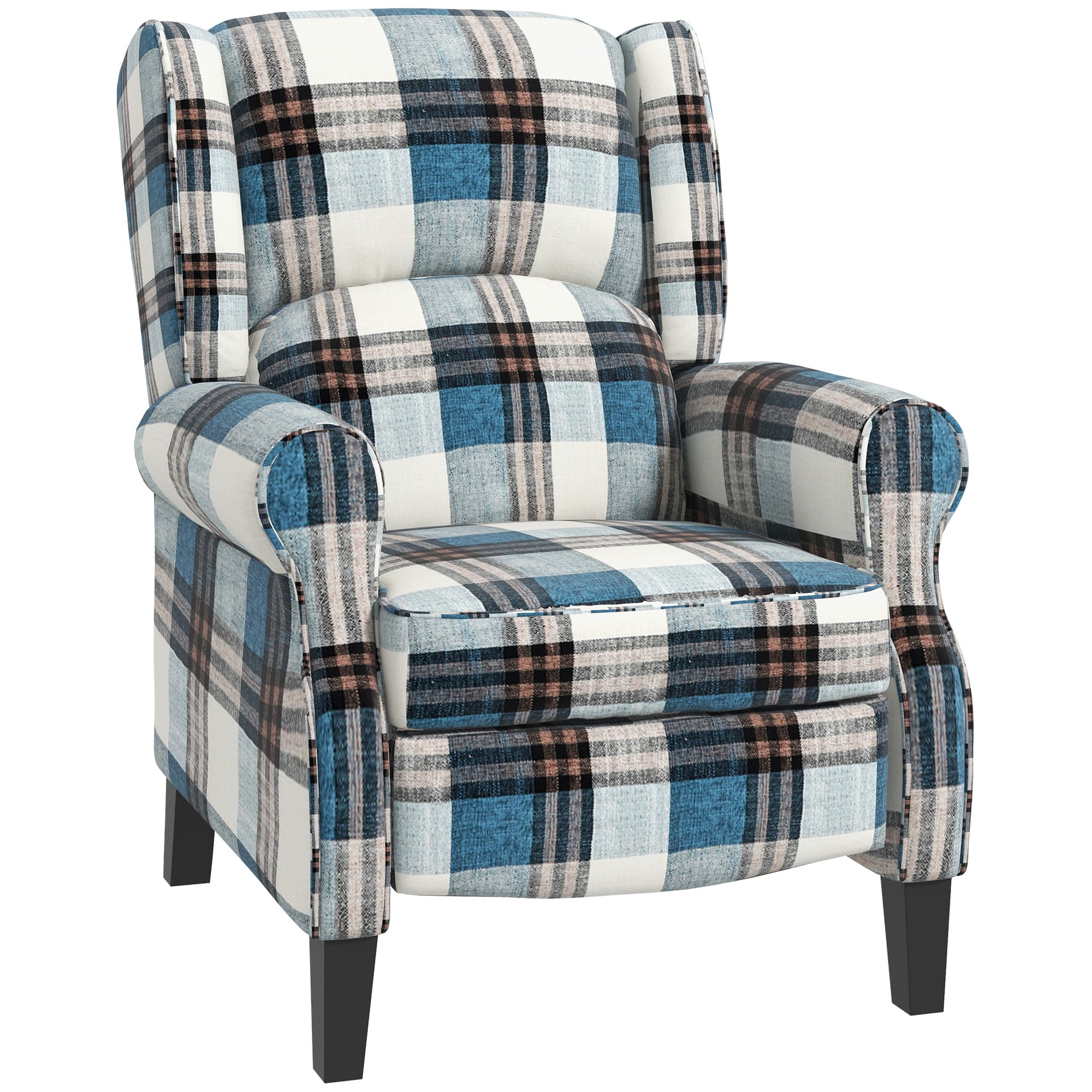Blue Checked Wingback Recliner Chair