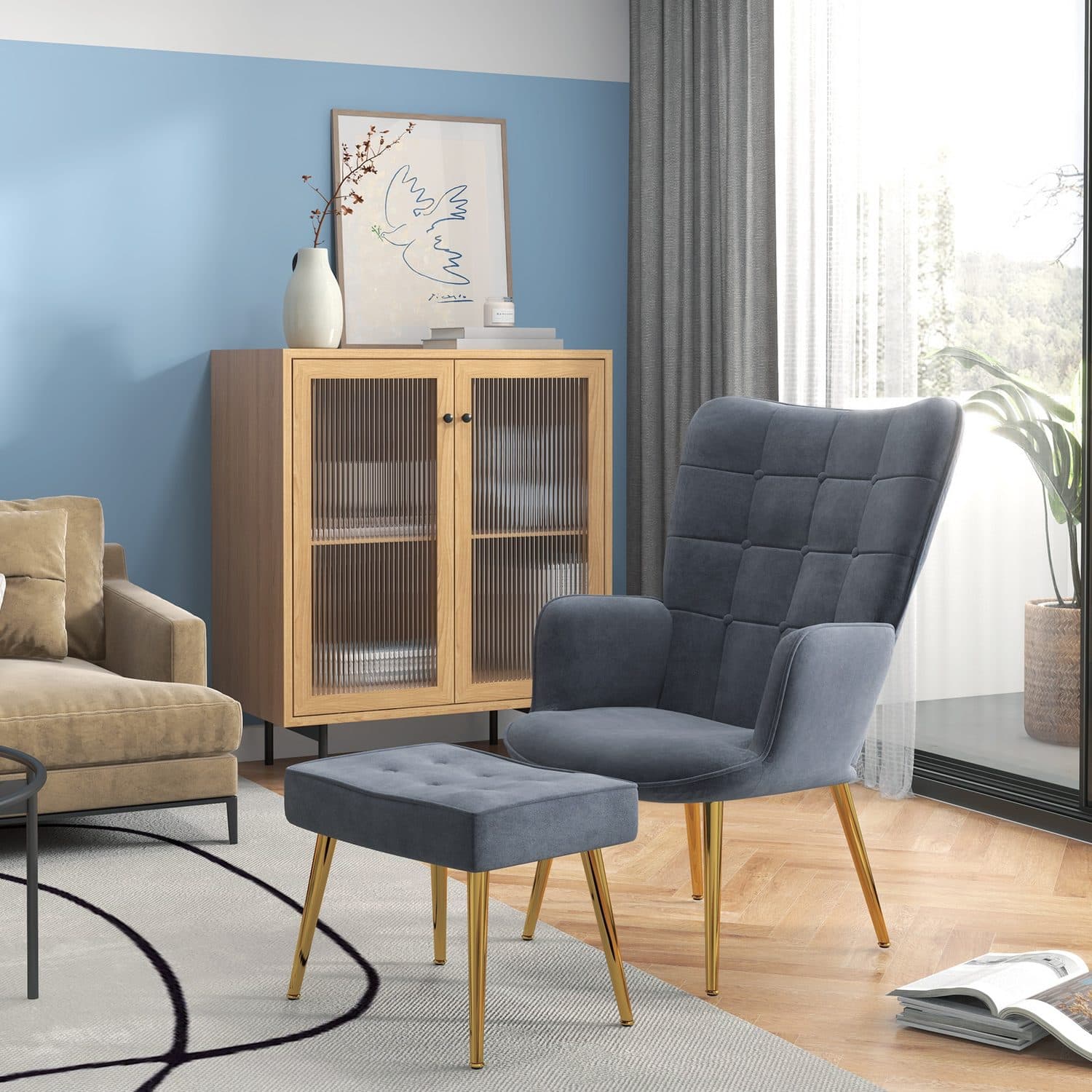 Relax in Style: Dark Grey Velvet Armchair & Footstool Set - image 3