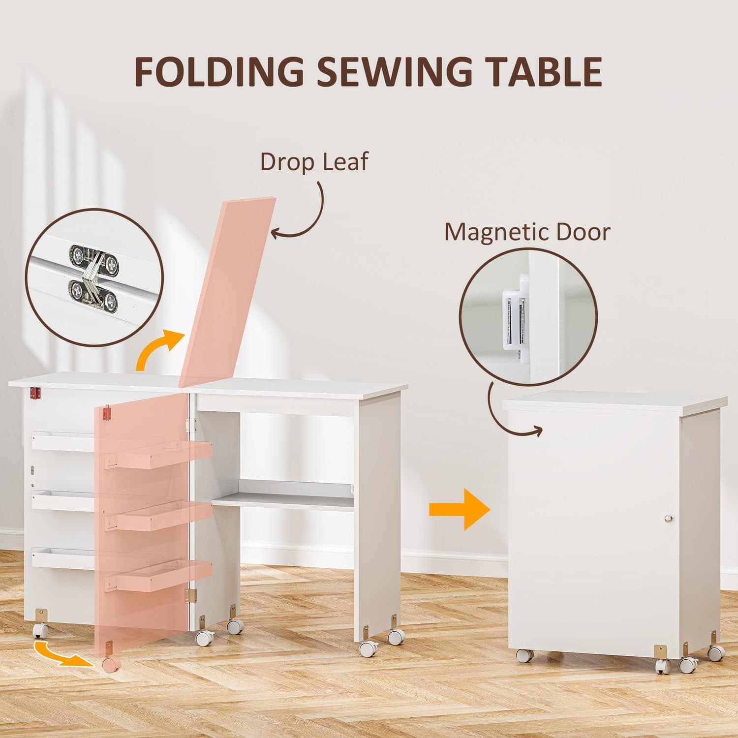 Folding Craft and Sewing Table with Drop Leaf and Wheels - image 5
