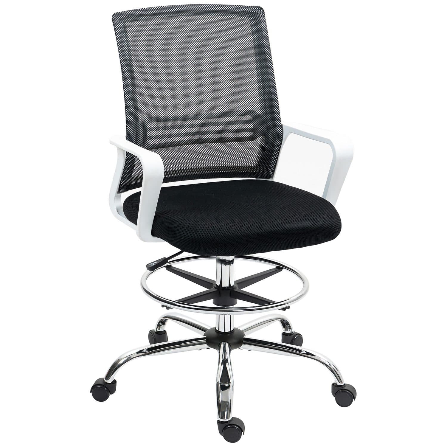 Tall Mesh Draughtsman Chair with Chrome Footring and Armrests - Black