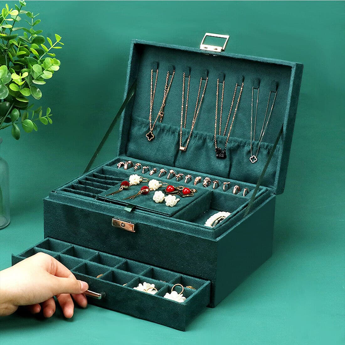 Large Green Velvet Jewellery Box With Necklace Hooks - image 8