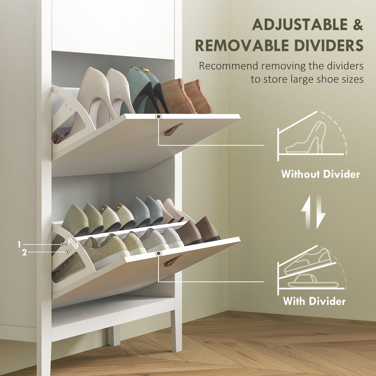 Three-Compartment Flip Shoe Cabinet with Oak-Effect Top, White - image 5