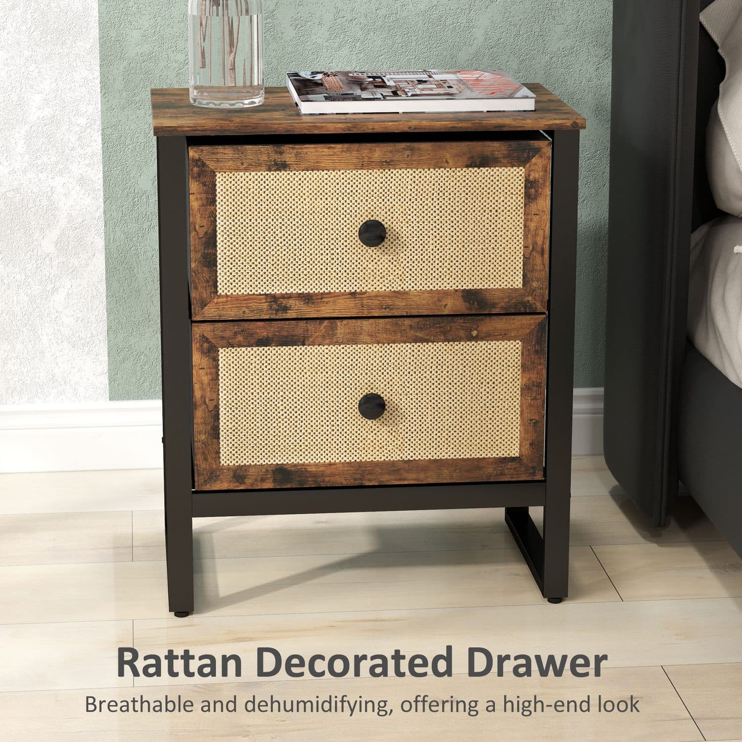 Industrial bedside storage with a natural woven finish - image 4