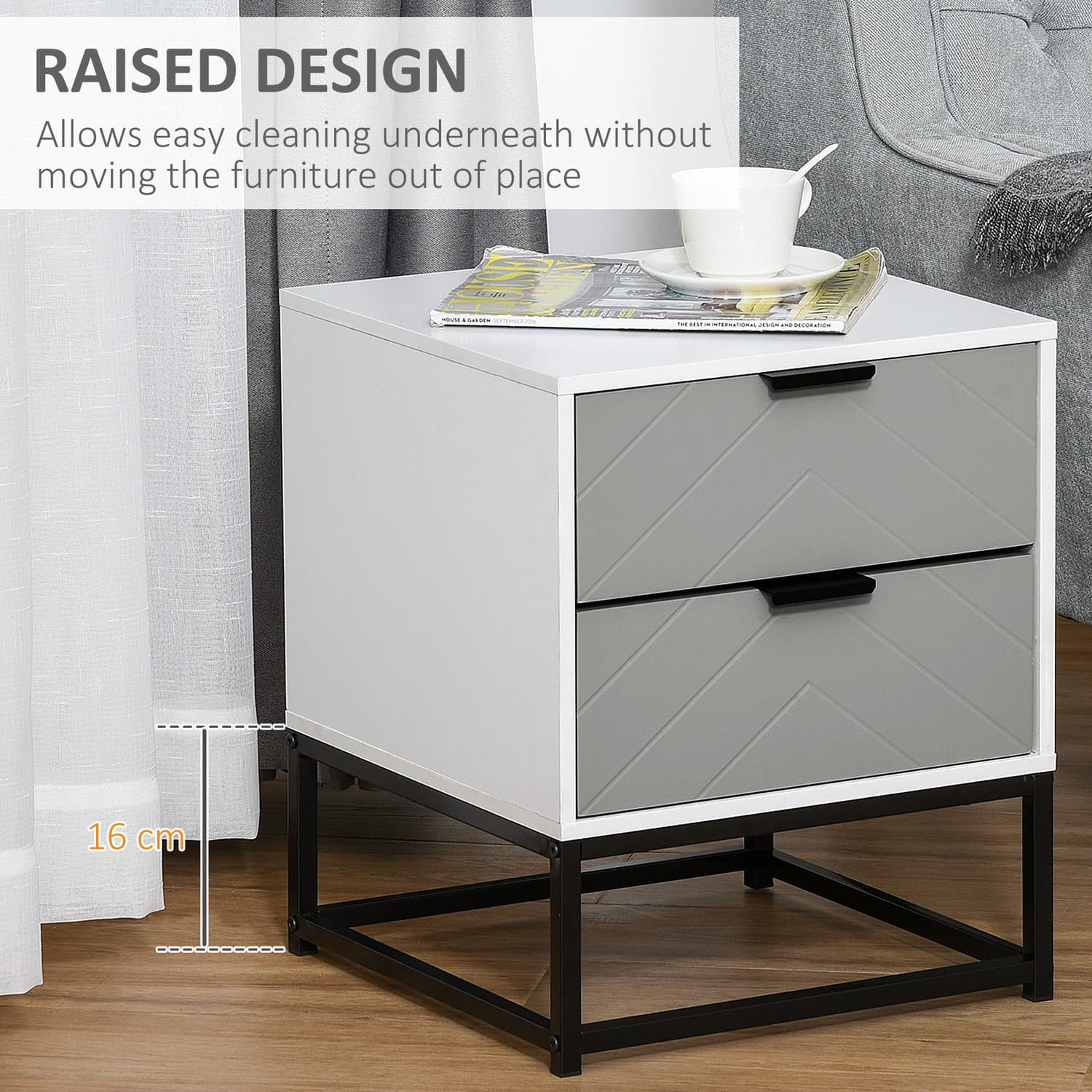 Two-Drawer Bedside Cabinet in Grey, White and Black Metal - image 4