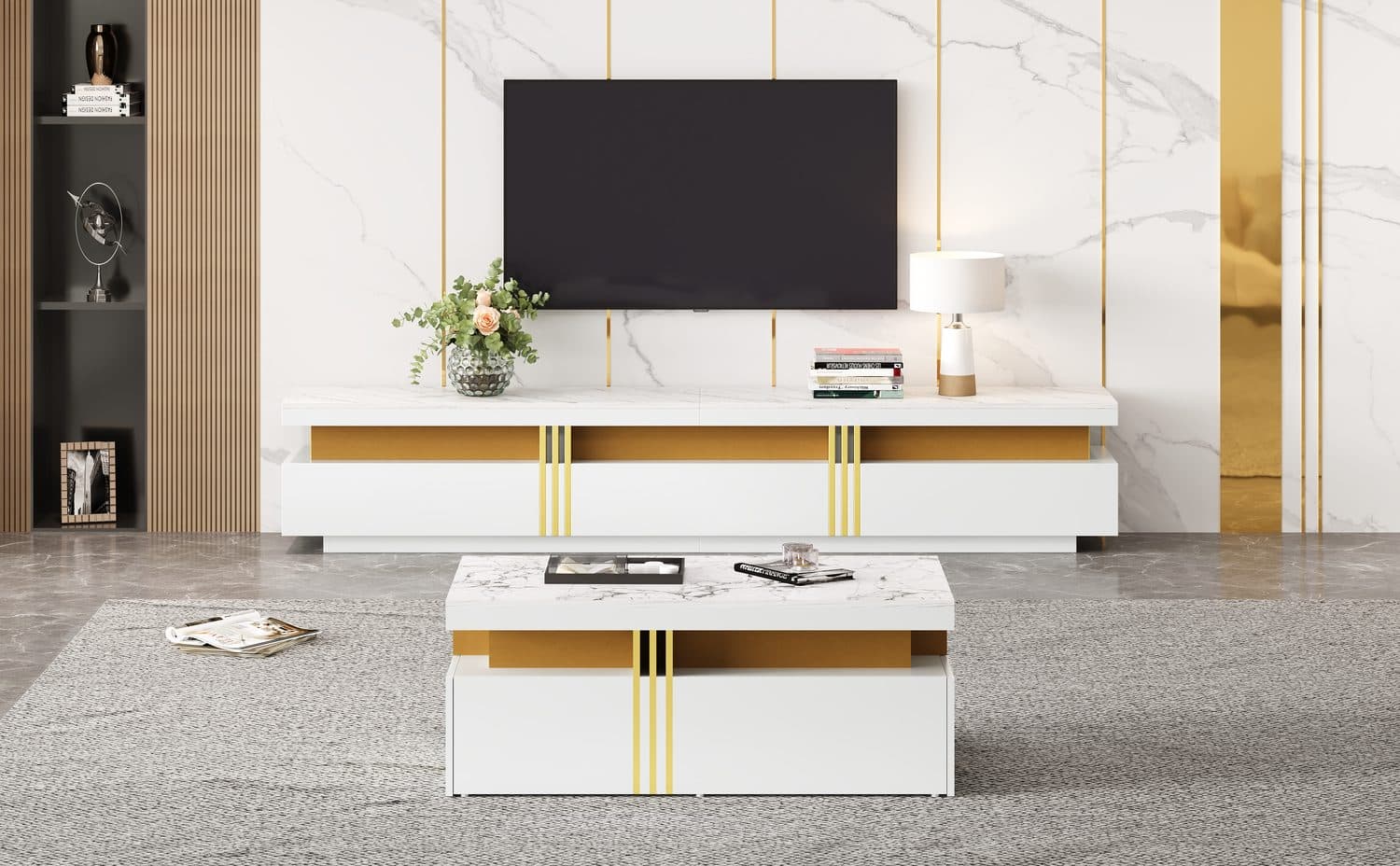 White & Gold TV Unit and Coffee Table Set with Storage Drawers - image 5