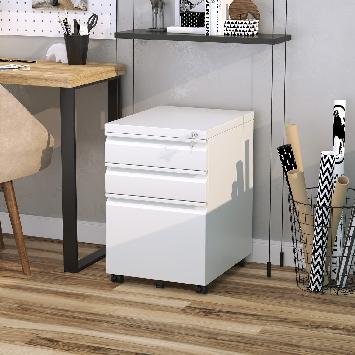 Secure 3-Drawer Metal Mobile Filing Cabinet in White - image 5