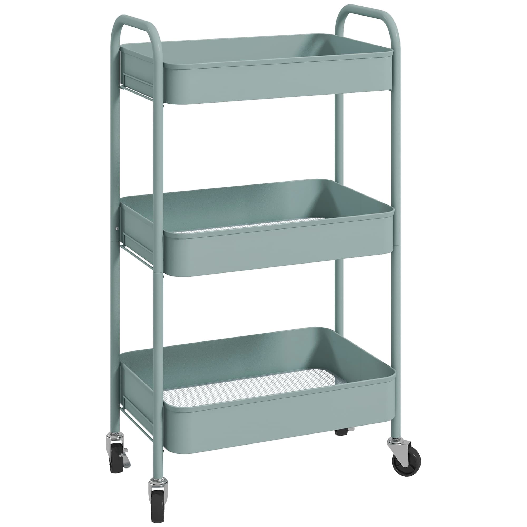 Three-Tier Steel Storage Trolley with Castors in Teal - Blue