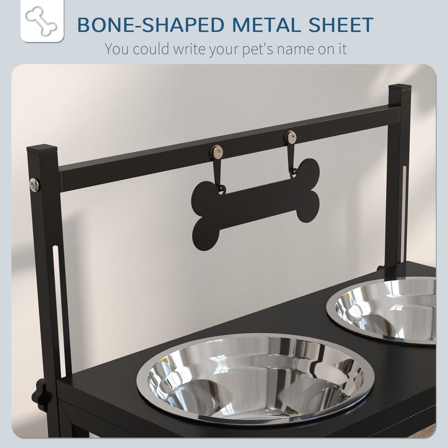 Height-Adjustable Dog Feeder Stand in Black with Two Stainless Bowls - image 2