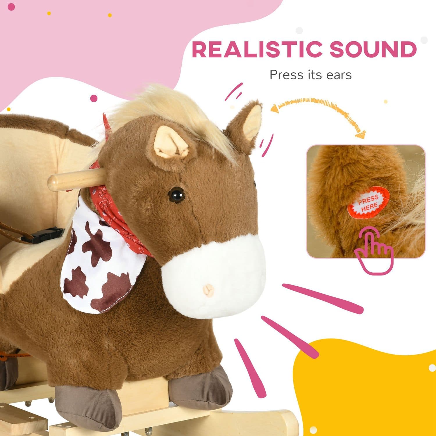 Brown Plush Rocking Horse with Harness, Foot Pedals and Sounds - image 3